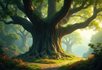 Fototapeta premium majestic trees highlighting alluring textures lush greenery vibrant colors, nature, foliage, forest, branches, trunks, bark, leaves, sunlight, shadows, roots