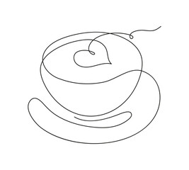 Coffee cup on a saucer, coffee heart pattern, drawing a continuous line. Creation of coffee drinks, tea, cappuccino, latte in the style of line art. Romantic morning coffee.