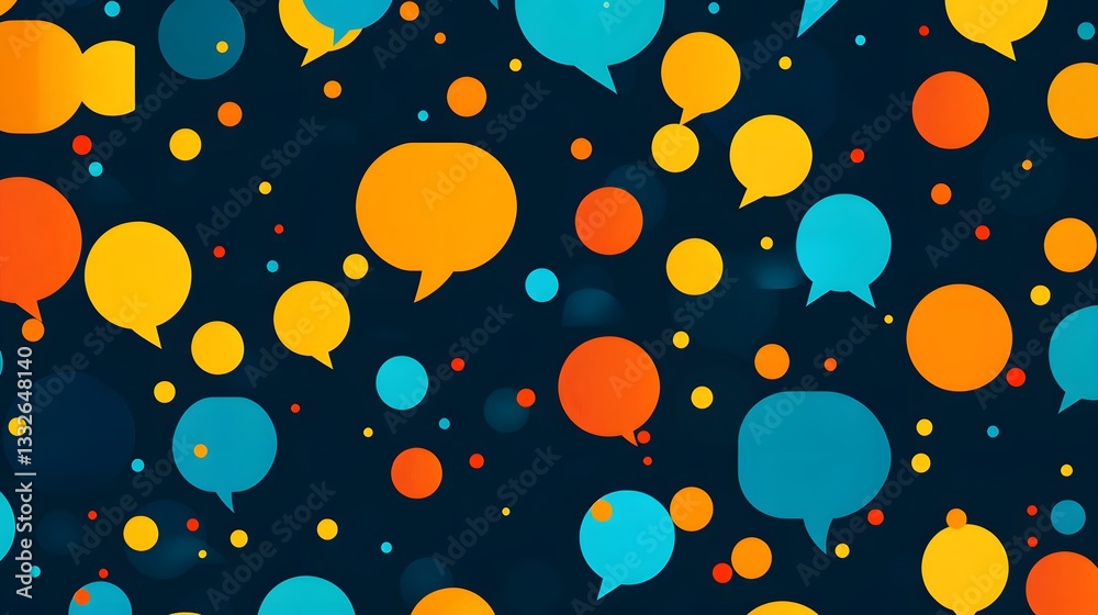 Poster Colorful speech bubbles floating on dark background representing global communication