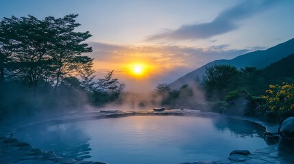 Steam ascending from lively hot spring at dawn, showcasing stunning natural beauty