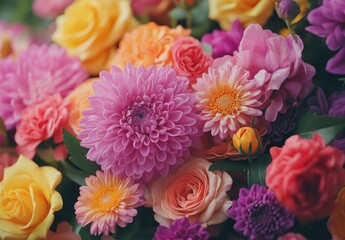 Colorful Floral Arrangement Featuring Vibrant Roses, Daisies, and Chrysanthemums in a Bright Garden Setting with Lush Greenery