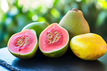 Juicy Red Guava Fruit Slices with Green Tropical Fruits