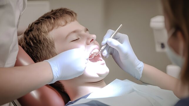 Dentist examining teen patient's teeth with dental instruments in clinic