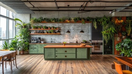 Obraz premium Urban jungle kitchen, plants, wood floor, city view, office breakroom