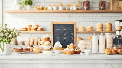 Fototapeta premium baked goods and menu displayed on a counter in a bakery.