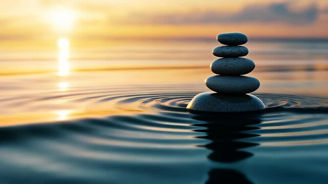 Calm evening at the shore with balanced stones creating ripples in the water