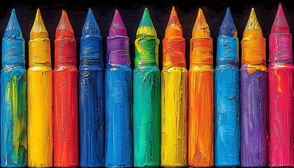 Well-used crayons arranged on dark surface