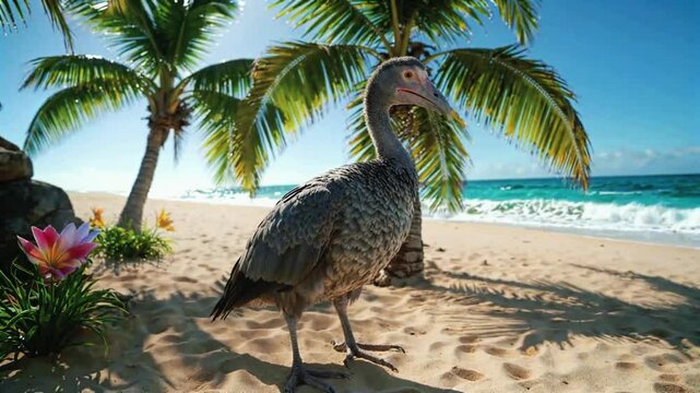 A lifelike Dodo bird stands gracefully on a tropical island, surrounded by lush palm trees and vibrant exotic flowers.