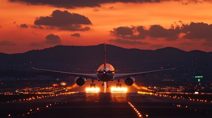 Majestic Sunset Landing: Airplane Touchdown at Dusk