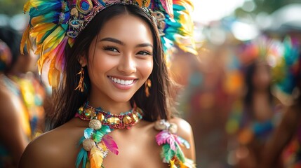 Fototapeta premium Smiling woman in vibrant headdress at carnival