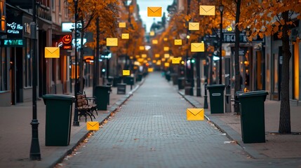 Obraz premium Autumn city street lined with mail envelopes, empty walkway.