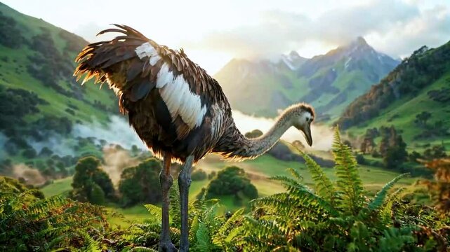 A majestic Moa, the giant flightless bird of ancient New Zealand, stands in a lush valley at sunrise, surrounded by misty mountains and towering ferns.