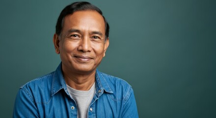 Fototapeta premium Smiling mature asian male in denim shirt against green background