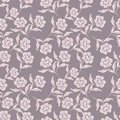 Floral pattern. Pretty flowers on white background. Printing with small lilac and red flowers. Ditsy print. Seamless vector texture. Spring bouquet