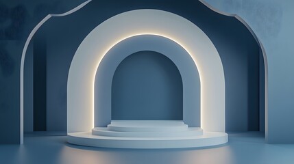 Empty round podium illuminated with warm light in a room with arches and blue walls