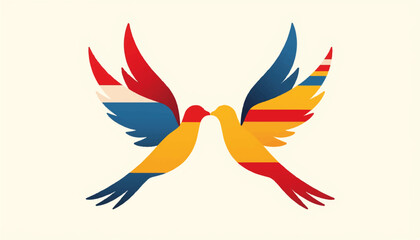 Fototapeta premium Two abstract birds flying together with wings of flags, international friendship