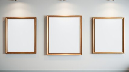 Three blank ornate gold picture frames on a wall with subtle lighting