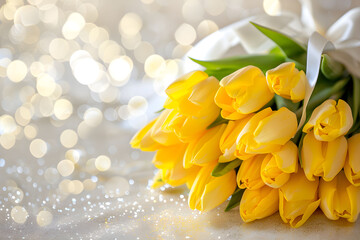 Bouquet of yellow tulips on a blurred light background, festive background with space for text
