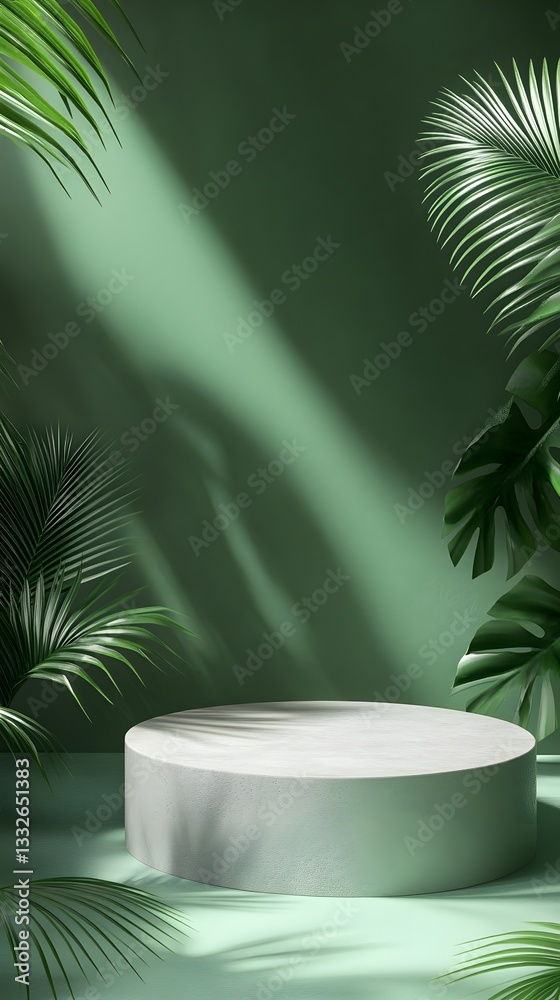 Poster empty podium with tropical plants creating a serene green backdrop