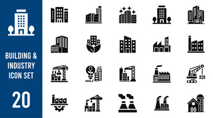 Buildings and industry icons.