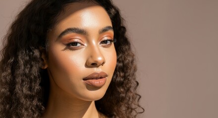 Naklejka premium Portrait of young african female with curly hair and natural makeup