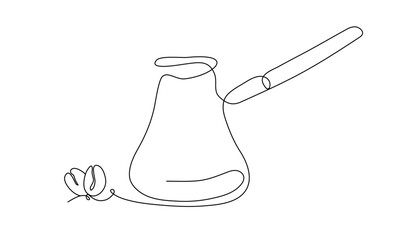 A turk for making freshly brewed coffee on roasted beans. Simple linear vector graphics in the style of line art, a single line. The traditional method of making Arabica coffee.