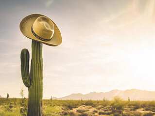 A tall cactus wearing a sombrero in the desert at sunset

