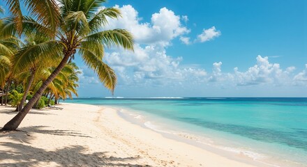 Obraz premium Tropical beach with palm trees and clear turquoise waters under a bright blue sky