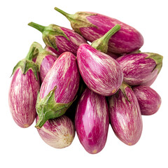A Pile of Fresh Eggplant with Glossy Purple Skin Isolated on Transparent Background