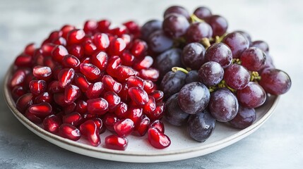Organic grapes and pomegranate seeds arranged in a beautiful pattern on a white plate, illuminated by soft natural light. Perfect for promoting organic fruits in health-focused campaigns.