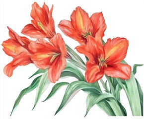 Watercolor painting featuring vibrant orange Alstroemeria flowers and lush green leaves