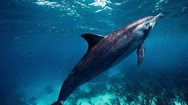 A rare Baiji Dolphin (Lipotes vexillifer) glides gracefully through the murky waters of the Yangtze River, surrounded by fish and swaying aquatic plants.