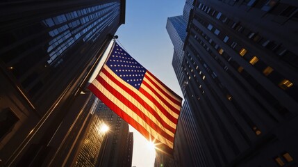 American flag hangs between tall urban buildings on a sunny day