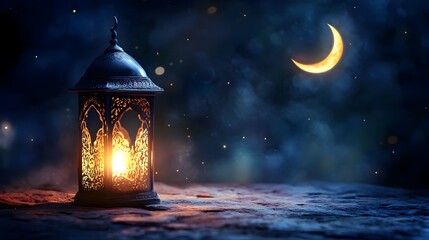 Ornate lantern illuminating the night under crescent moon and stars