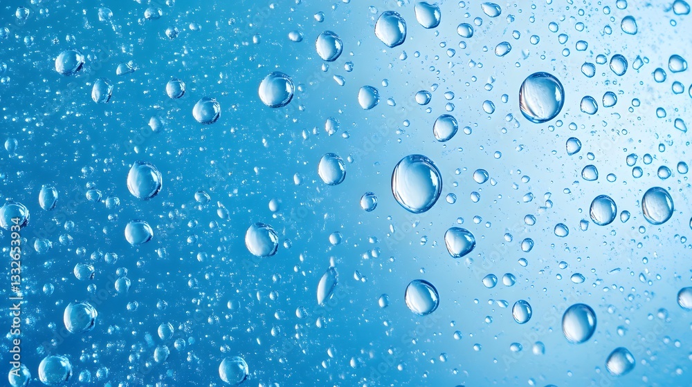 Poster Water droplets creating refreshing textured background on blue gradient