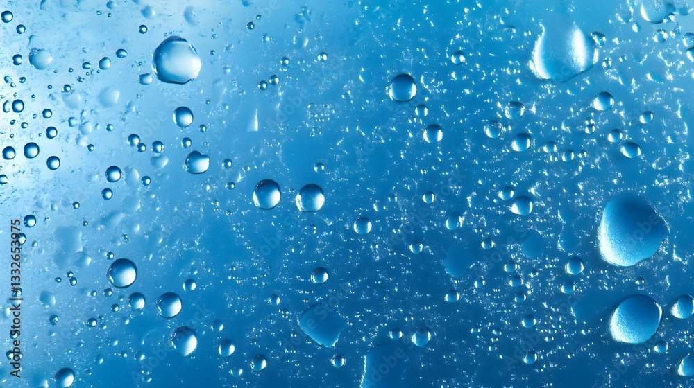 Poster water droplets creating a refreshing textured background on blue surface