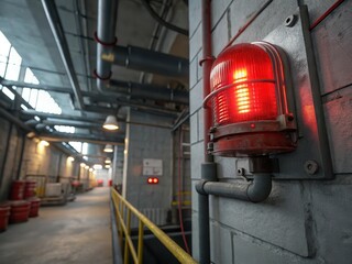 A red warning light illuminates a factory corridor, highlighting industrial features like pipes and storage barrels in a functional setting.