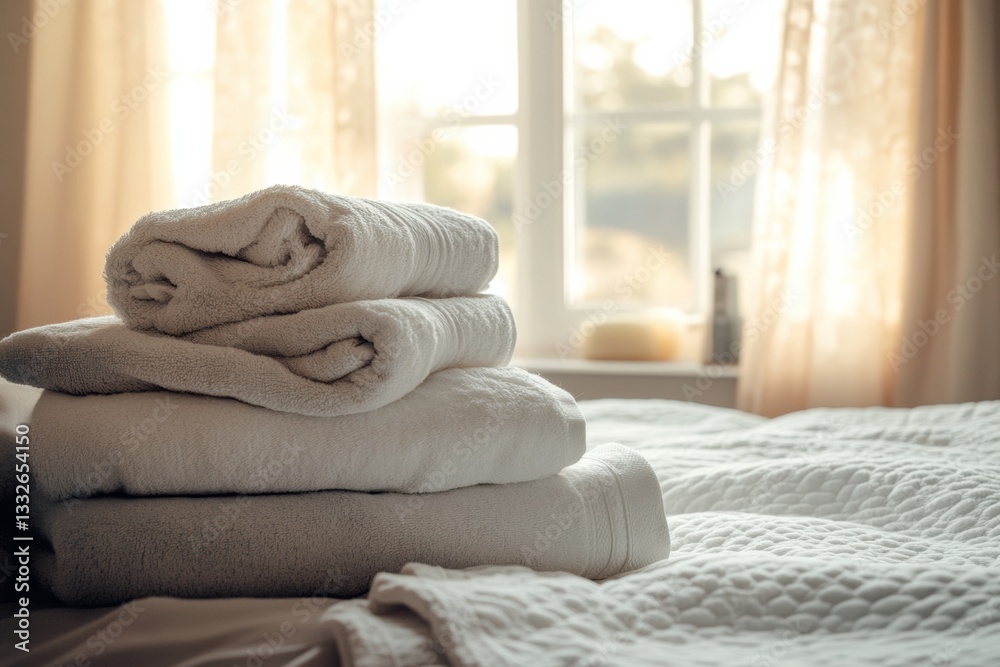 Poster Neatly arranged fresh towels and linens creating a cozy atmosphere in a warm bedroom setting Generative AI