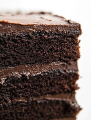 Close-up of Rich Chocolate Cake Slice with Fudge Frosting Layers