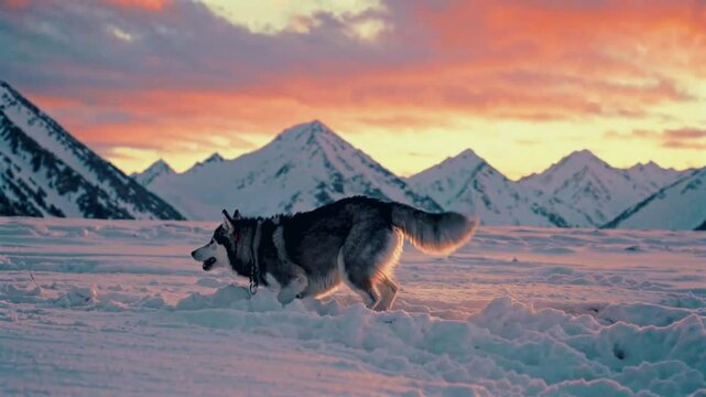 A breathtaking winter adventure! Majestic huskies race through the snow, their thick fur flowing in the icy wind as the sun sets over the frosty mountains.