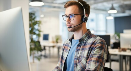 Young caucasian male customer service representative in modern office