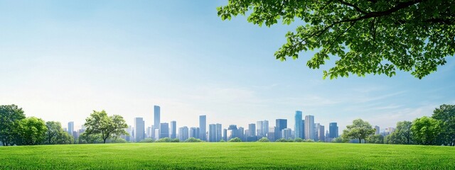 Urban Skyline View with Green Field Under Clear Blue Sky
