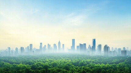 Fototapeta premium Urban Skyline Overlooking Lush Green Forest in Early Morning Light
