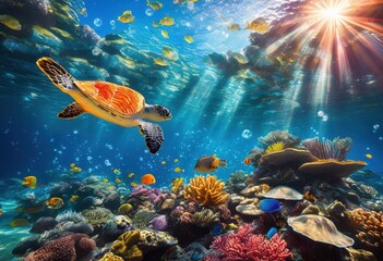 vibrant underwater still life featuring diverse marine life elements colorful details revealing enchanting undersea scene, aquatic, ocean, fish, coral