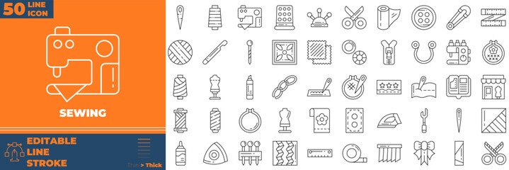 Sewing Line Editable Icons set. Vector illustration in modern thin line style of sewing icons: Craft, Made, Tailor, Yarn, Work, Fabric, etc