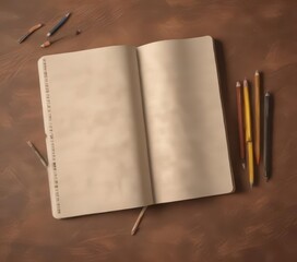 Open exercise book, pencils atop, brown background,  wooden,  brown,  notebook paper