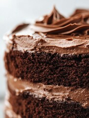Close-up of Chocolate Cake with Chocolate Frosting Layers for Dessert