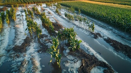 Obraz premium Waterlogged agricultural crop field inundated with substantial flooding levels