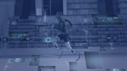 Running athlete with prosthetic legs, surrounded by digital data and animation - Powered by Adobe