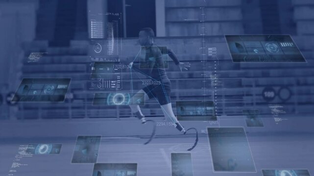 Running athlete with prosthetic legs, surrounded by digital data and animation